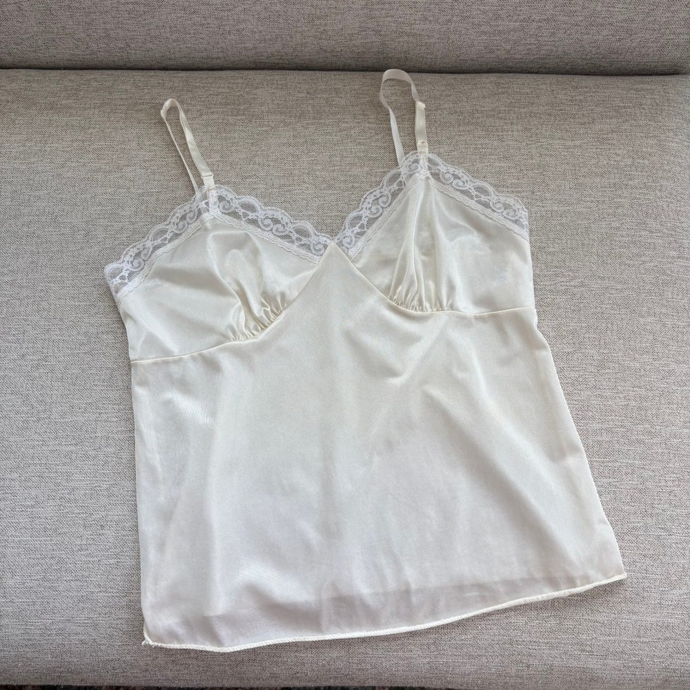 70s Vintage Deena Cami Tank S Ivory Lace Trim Lingerie Coquette Romantic Dreamy